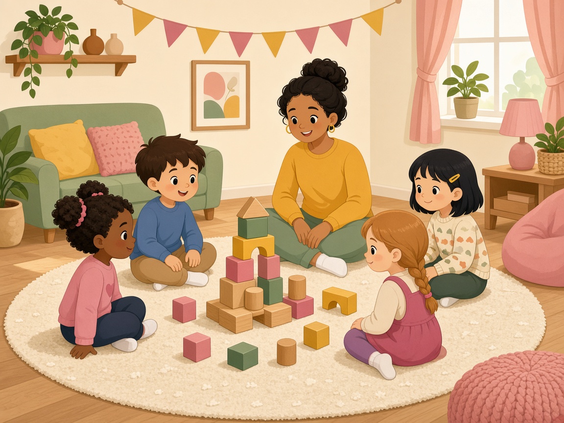 Cartoon children and educator in a circle on a cream rug