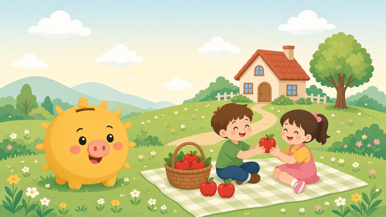 Cartoon children having a picnic on a green hill beside a cottage