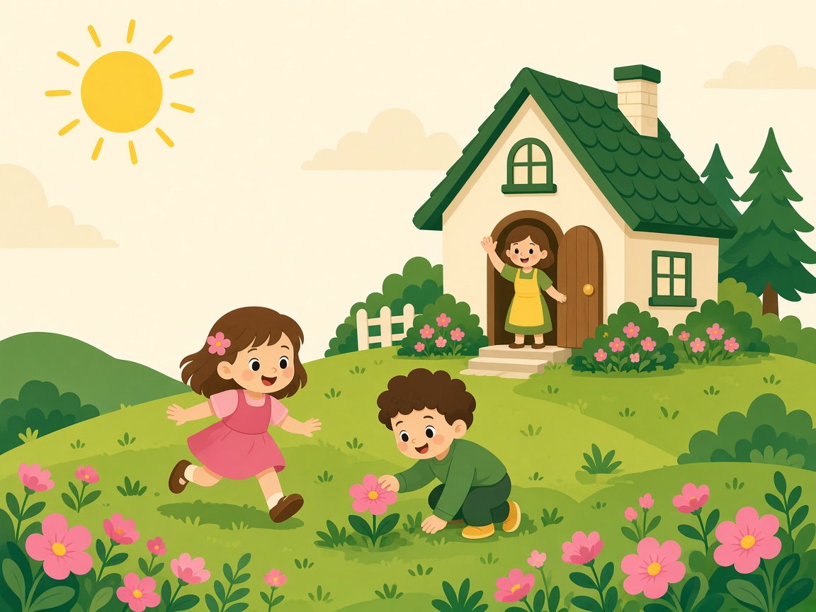 Cartoon children playing on a green hill beside a family day home