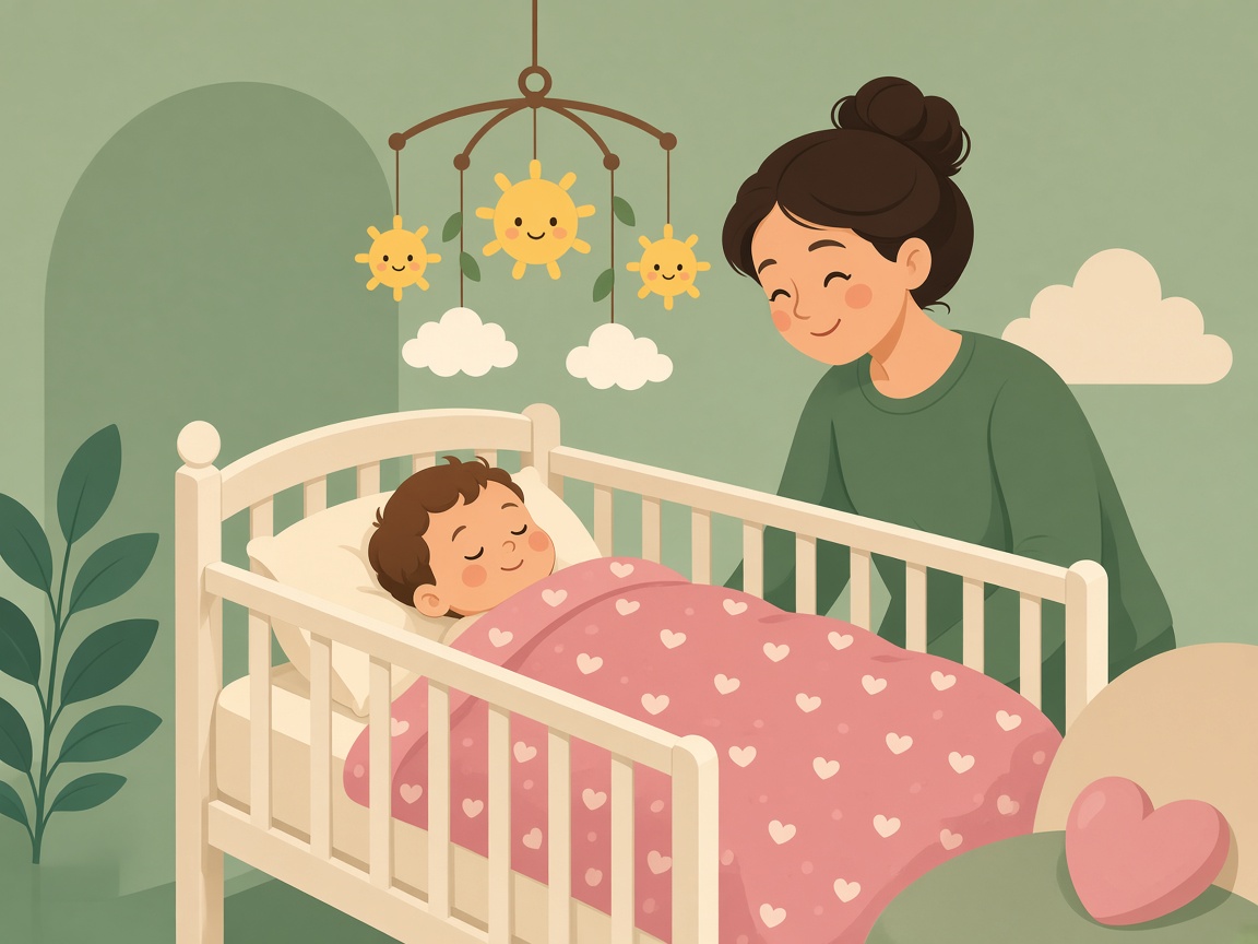 Cartoon infant resting in a cozy crib