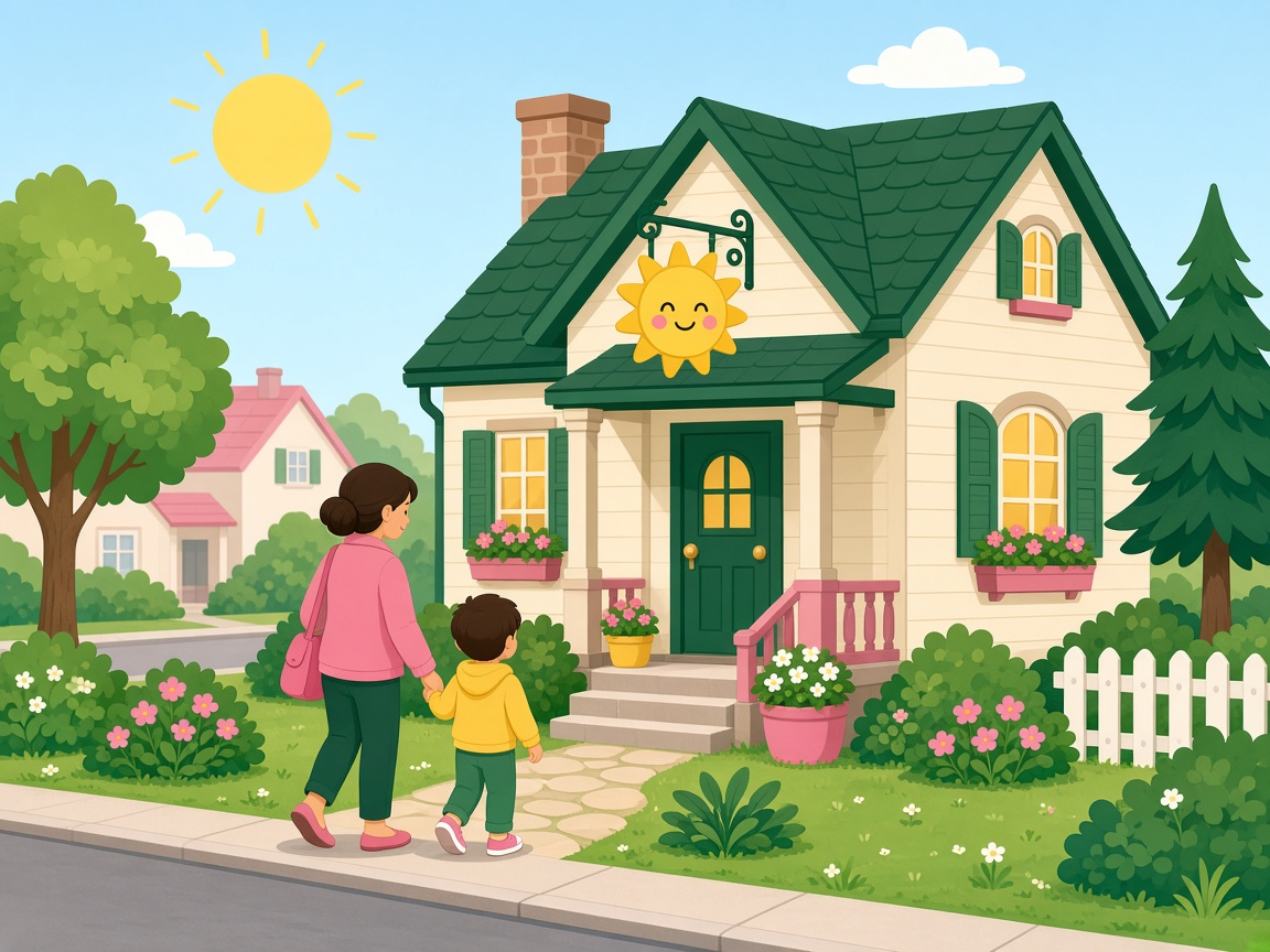 Cartoon Jack’n Jill office with families arriving on a sunny street
