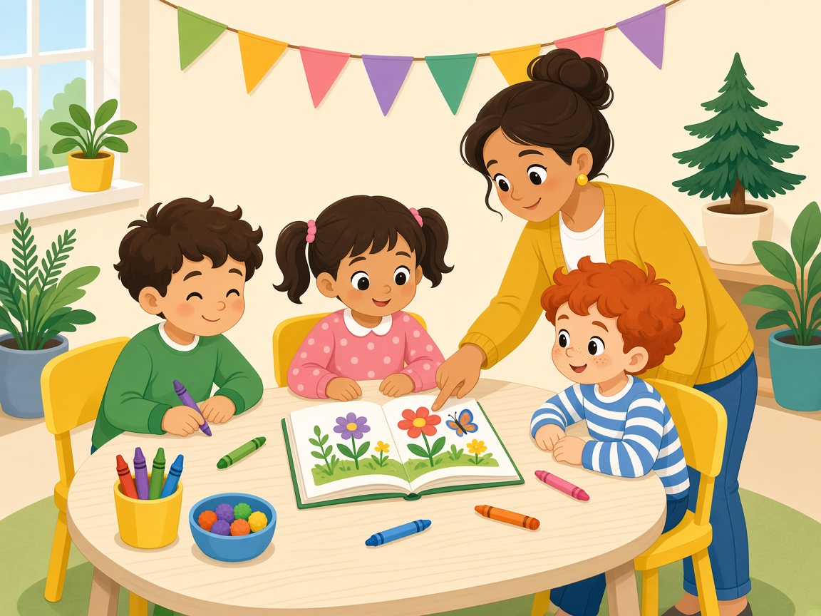 Cartoon children sharing snacks and drawing at a kitchen table