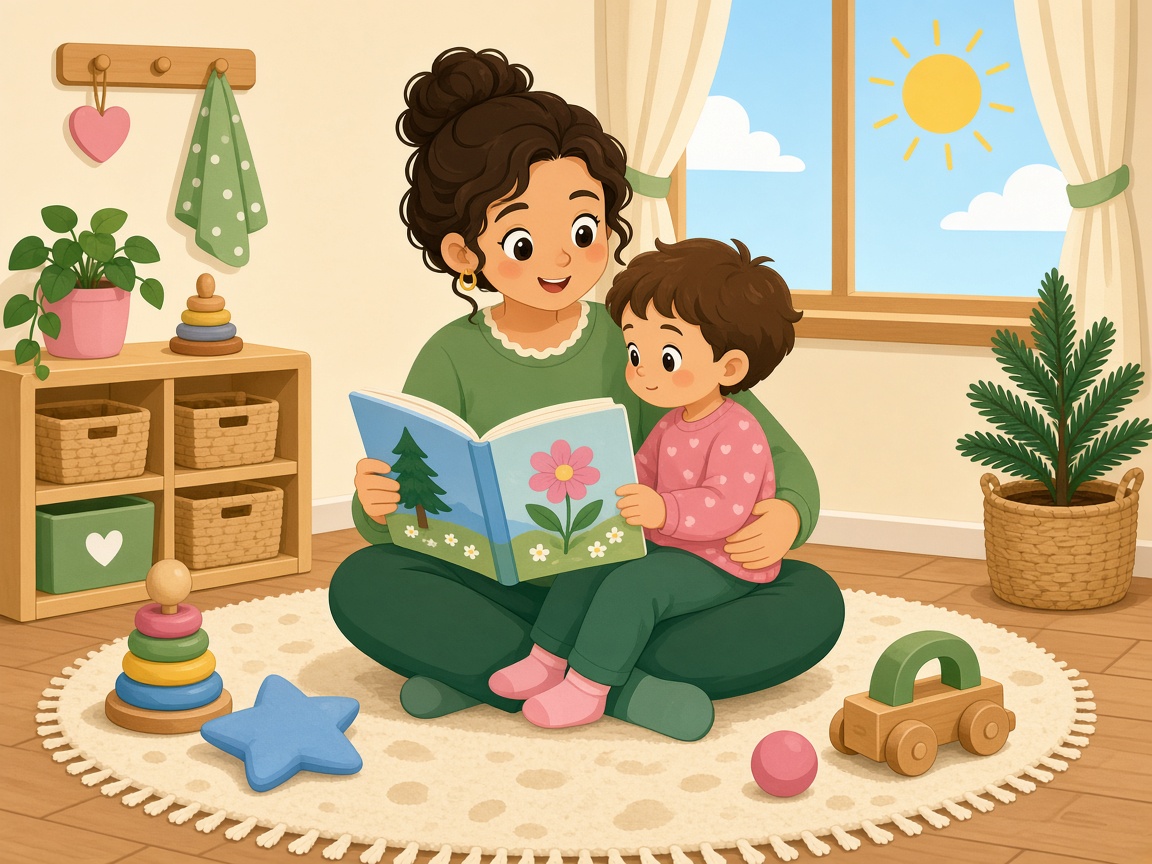 Cartoon educator and child reading a picture book