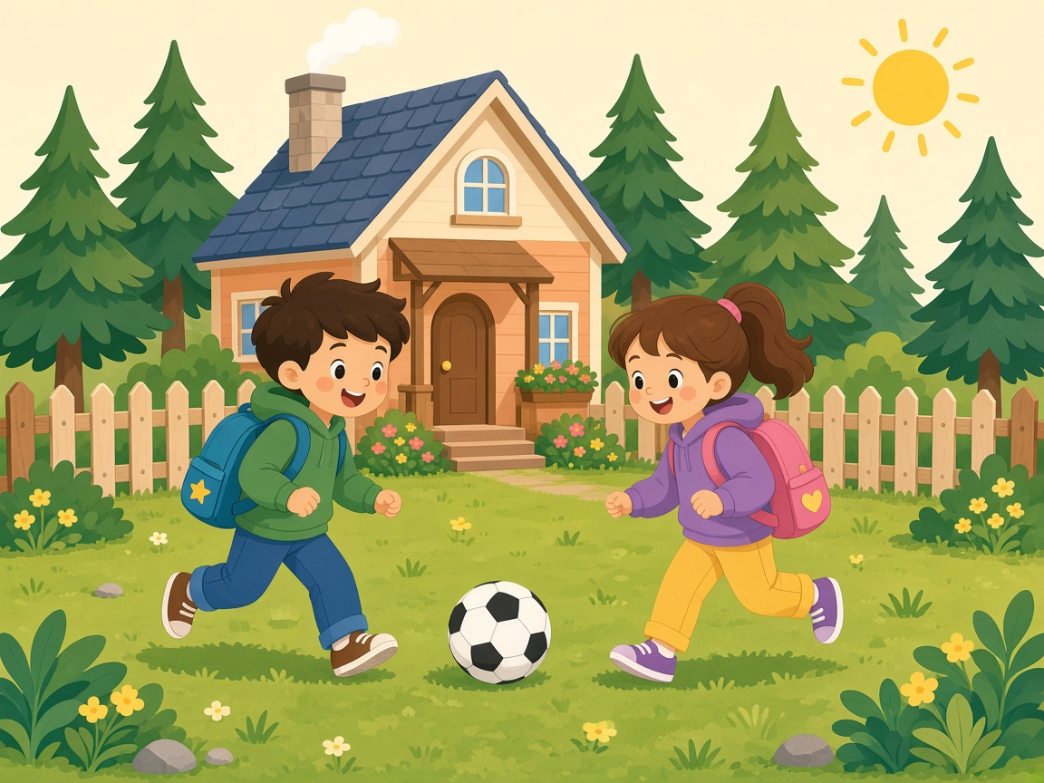 Cartoon children playing in a fenced backyard