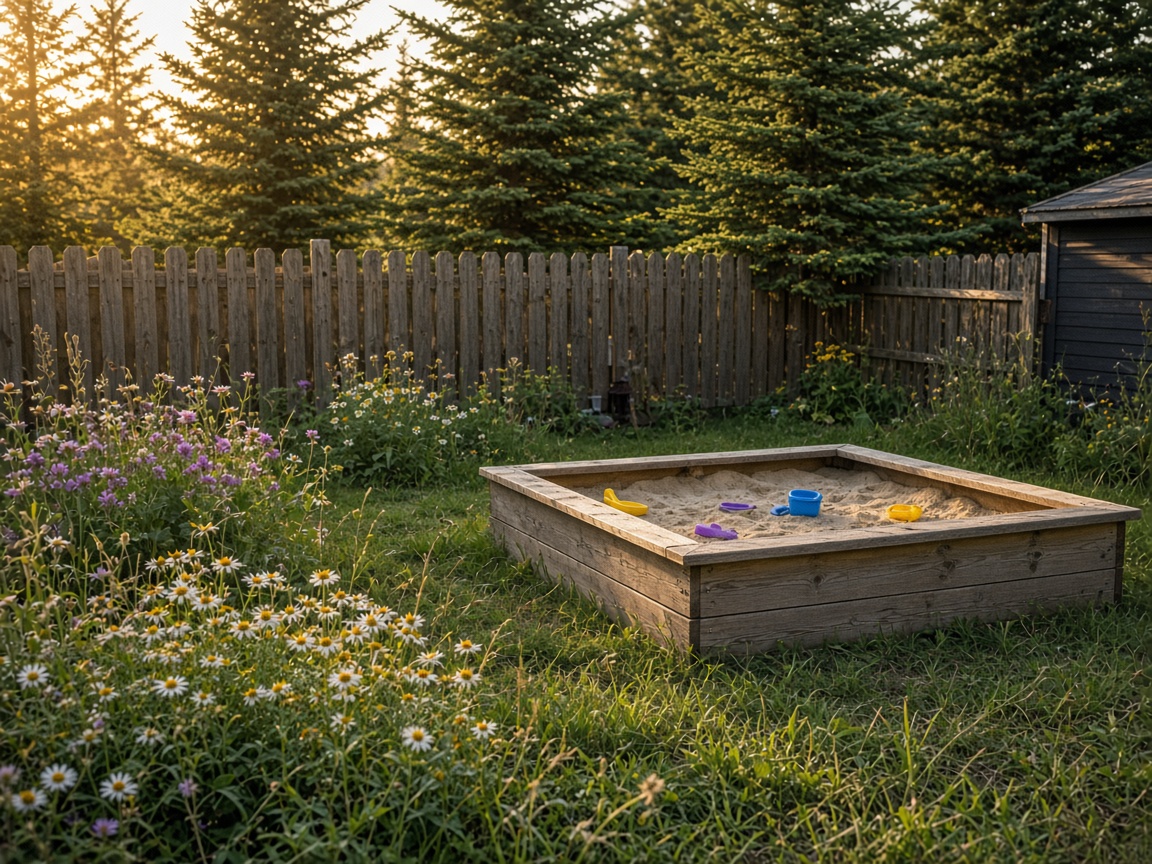 Fenced backyard with sandbox and wildflowers at a family day home in Grande Prairie