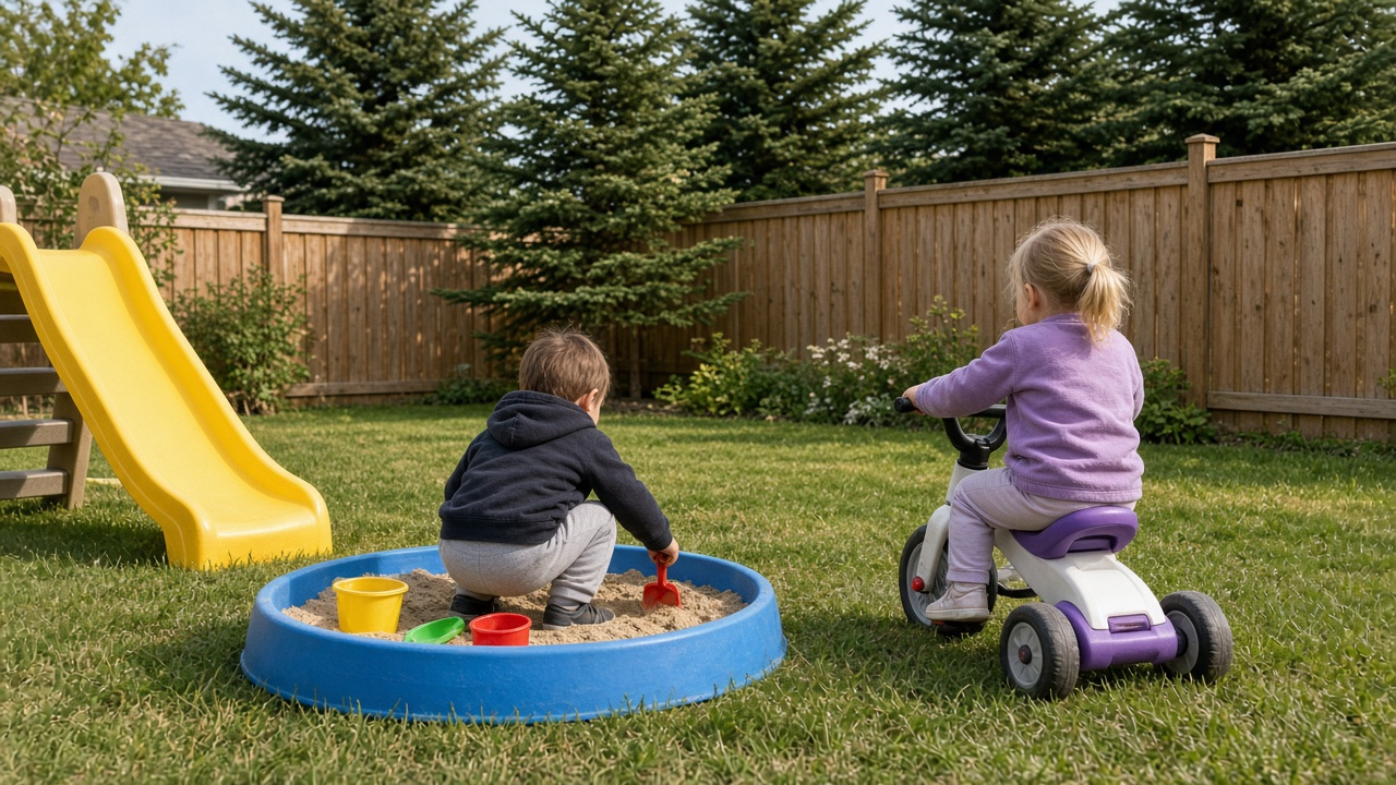 Children playing in a fenced family day home yard in Grande Prairie