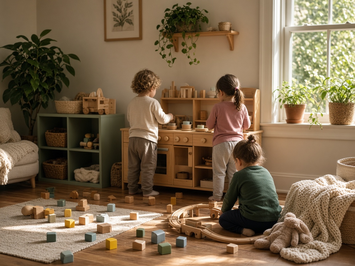 Children playing at a wooden play kitchen and with wooden trains, seen from behind in a sunlit family home