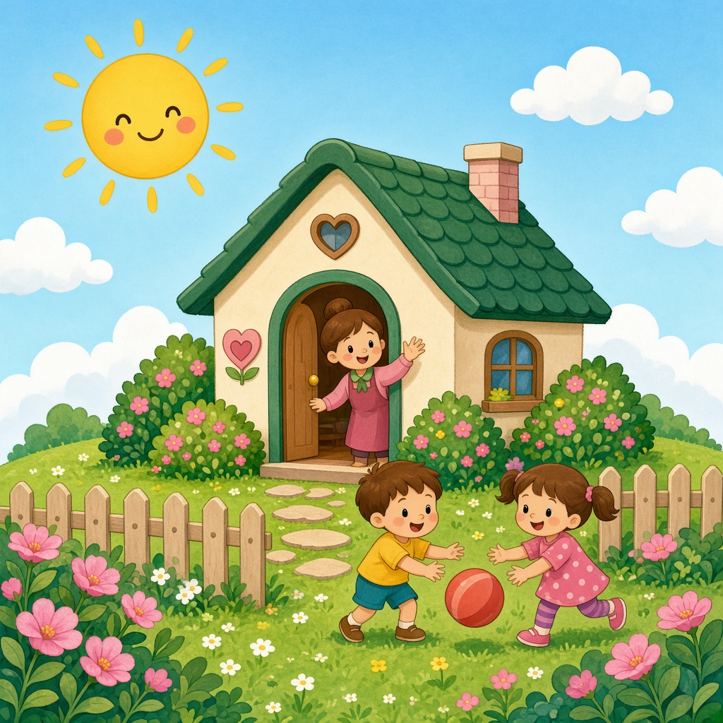 Cartoon family day home on a green hill with children playing in the yard