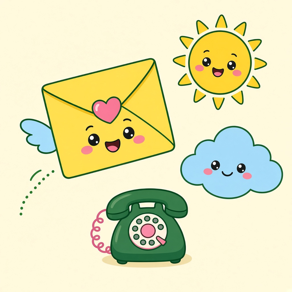 Cartoon envelope and toy telephone under a smiling sun